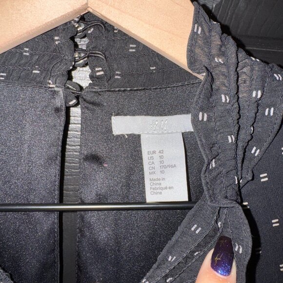 H&M Womens Dress Black White Polka Dot Mid Length Sheer Sleeves - Picture 2 of 5